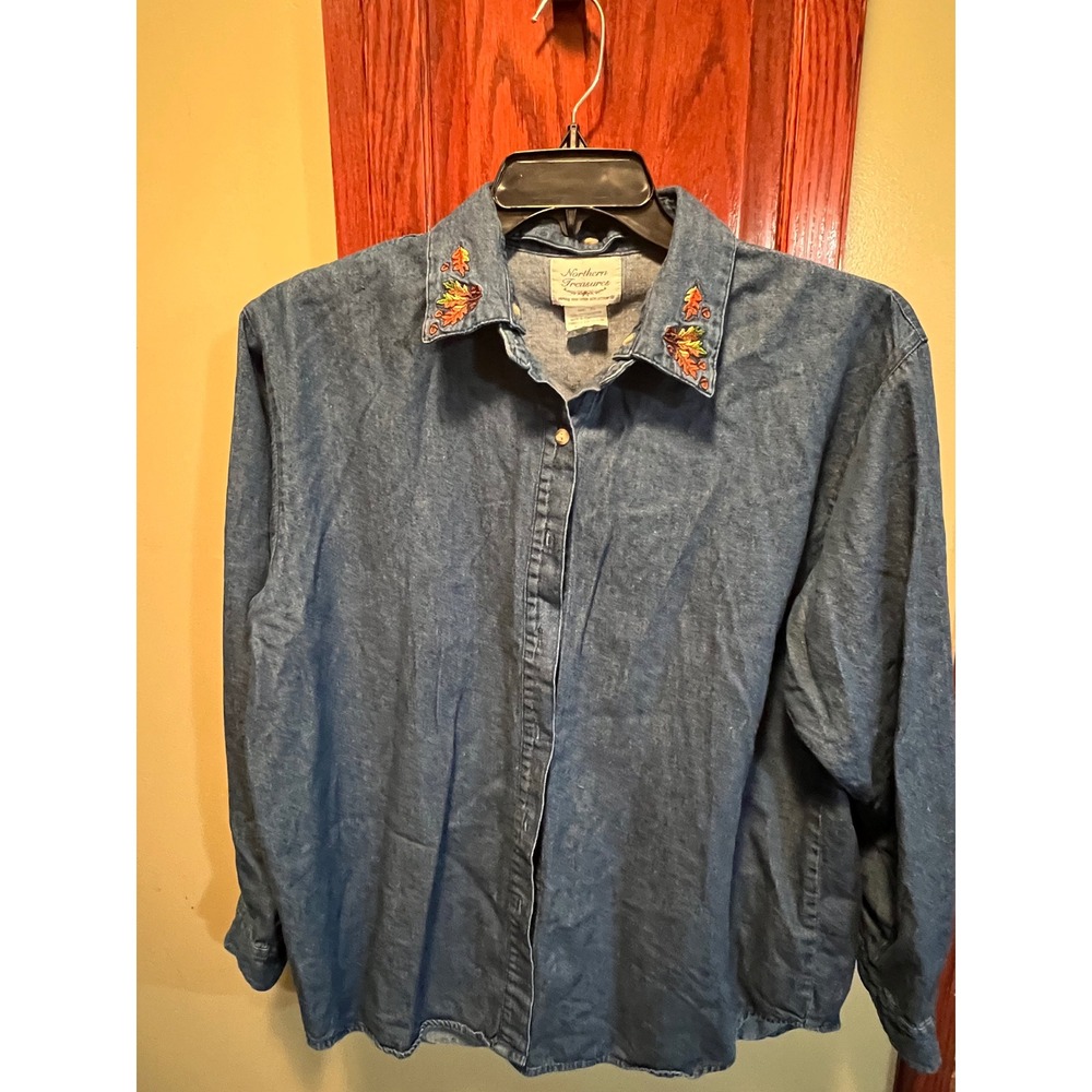 Vtg 90s Denim Shirt XL Blue Cotton Embroidered Fall Leaf Button Down